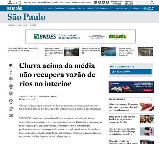 Os links relacionados à matéria principal, sobre a incidência de chivas e volume de água nos reservatórios de São Paulo, estão localizados no alto do título. (acesso em 28.5.2015)